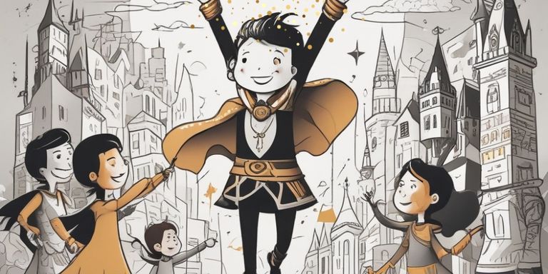 Ein Kind in einem Helm und Umhang steht mit erhobenen Armen vor einer Gruppe von vier anderen Kindern, die wie in einer mittelalterlichen Stadt mit hohen Türmen und Häusern im Hintergrund versammelt sind.